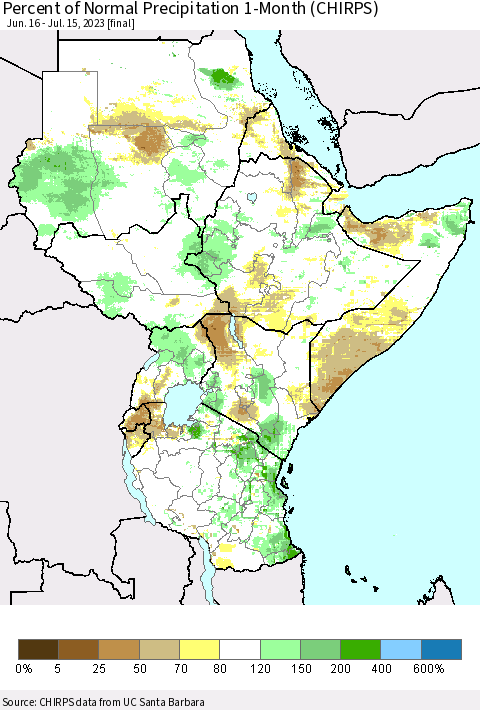 Eastern Africa Percent of Normal Precipitation 1-Month (CHIRPS) Thematic Map For 6/16/2023 - 7/15/2023