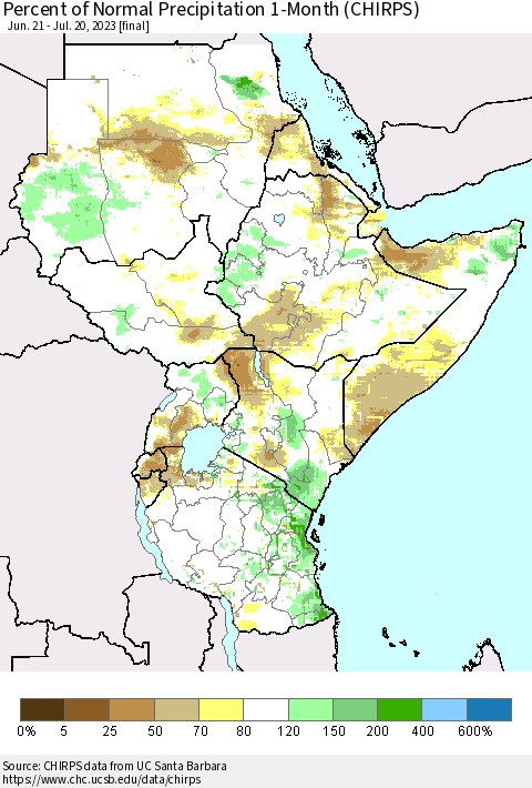 Eastern Africa Percent of Normal Precipitation 1-Month (CHIRPS) Thematic Map For 6/21/2023 - 7/20/2023