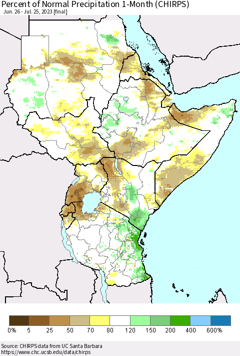Eastern Africa Percent of Normal Precipitation 1-Month (CHIRPS) Thematic Map For 6/26/2023 - 7/25/2023