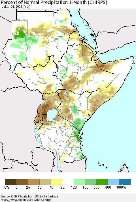 Eastern Africa Percent of Normal Precipitation 1-Month (CHIRPS) Thematic Map For 7/1/2023 - 7/31/2023
