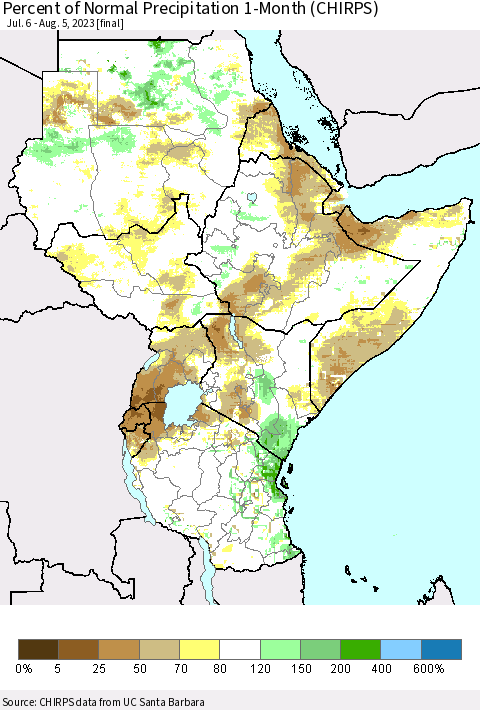 Eastern Africa Percent of Normal Precipitation 1-Month (CHIRPS) Thematic Map For 7/6/2023 - 8/5/2023