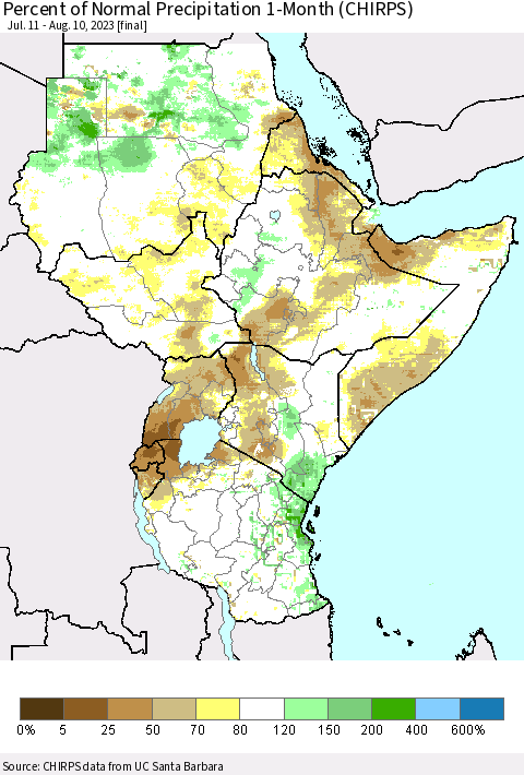 Eastern Africa Percent of Normal Precipitation 1-Month (CHIRPS) Thematic Map For 7/11/2023 - 8/10/2023