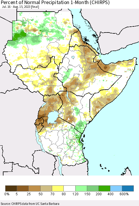 Eastern Africa Percent of Normal Precipitation 1-Month (CHIRPS) Thematic Map For 7/16/2023 - 8/15/2023