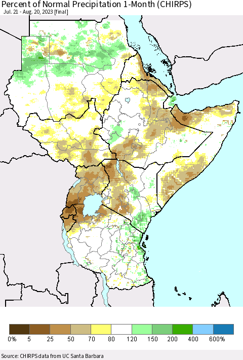 Eastern Africa Percent of Normal Precipitation 1-Month (CHIRPS) Thematic Map For 7/21/2023 - 8/20/2023