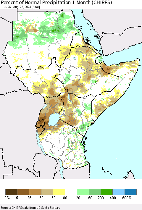 Eastern Africa Percent of Normal Precipitation 1-Month (CHIRPS) Thematic Map For 7/26/2023 - 8/25/2023