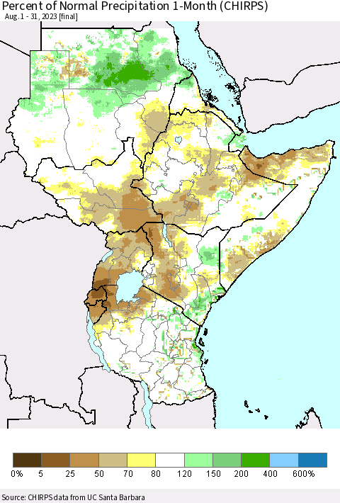 Eastern Africa Percent of Normal Precipitation 1-Month (CHIRPS) Thematic Map For 8/1/2023 - 8/31/2023