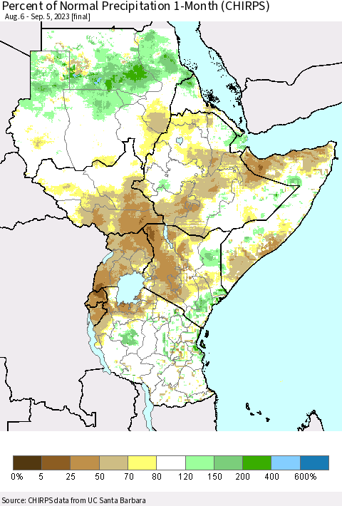 Eastern Africa Percent of Normal Precipitation 1-Month (CHIRPS) Thematic Map For 8/6/2023 - 9/5/2023