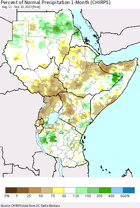 Eastern Africa Percent of Normal Precipitation 1-Month (CHIRPS) Thematic Map For 8/11/2023 - 9/10/2023