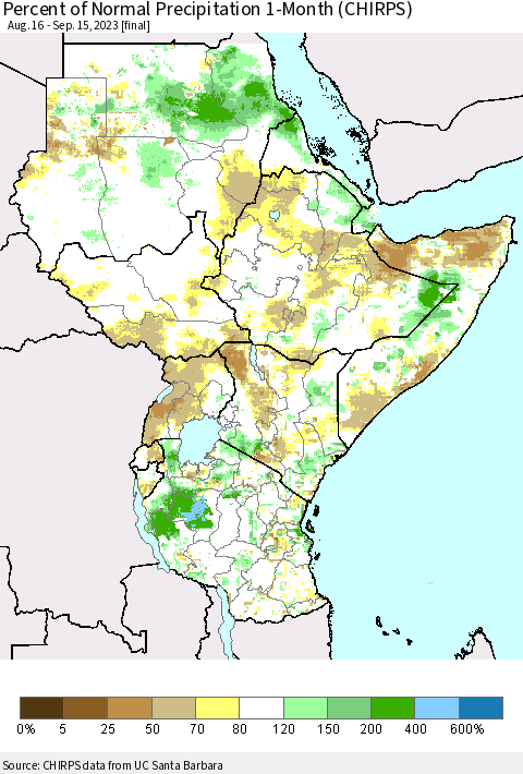 Eastern Africa Percent of Normal Precipitation 1-Month (CHIRPS) Thematic Map For 8/16/2023 - 9/15/2023