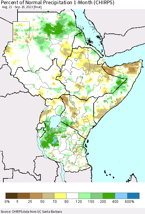 Eastern Africa Percent of Normal Precipitation 1-Month (CHIRPS) Thematic Map For 8/21/2023 - 9/20/2023