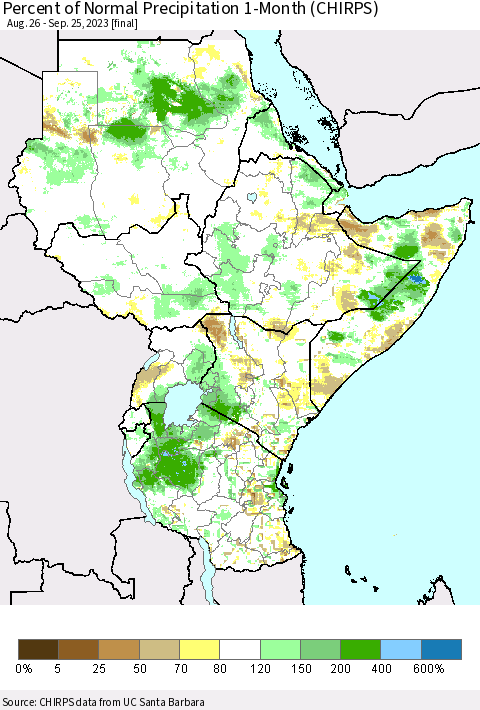 Eastern Africa Percent of Normal Precipitation 1-Month (CHIRPS) Thematic Map For 8/26/2023 - 9/25/2023