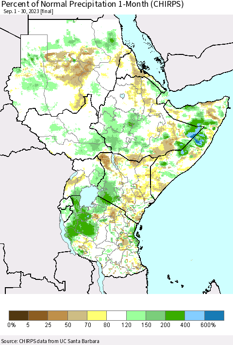 Eastern Africa Percent of Normal Precipitation 1-Month (CHIRPS) Thematic Map For 9/1/2023 - 9/30/2023