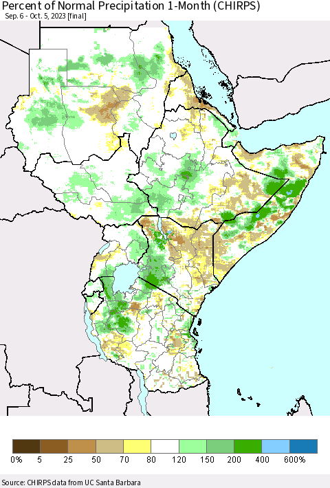 Eastern Africa Percent of Normal Precipitation 1-Month (CHIRPS) Thematic Map For 9/6/2023 - 10/5/2023