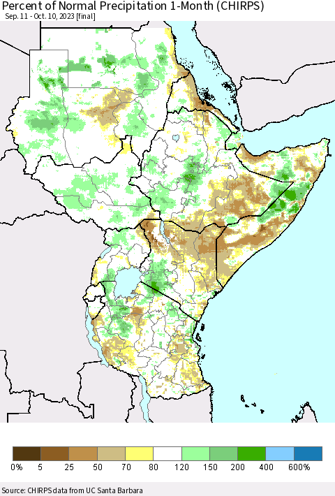 Eastern Africa Percent of Normal Precipitation 1-Month (CHIRPS) Thematic Map For 9/11/2023 - 10/10/2023