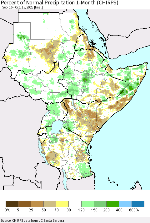 Eastern Africa Percent of Normal Precipitation 1-Month (CHIRPS) Thematic Map For 9/16/2023 - 10/15/2023