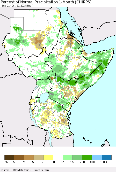 Eastern Africa Percent of Normal Precipitation 1-Month (CHIRPS) Thematic Map For 9/21/2023 - 10/20/2023