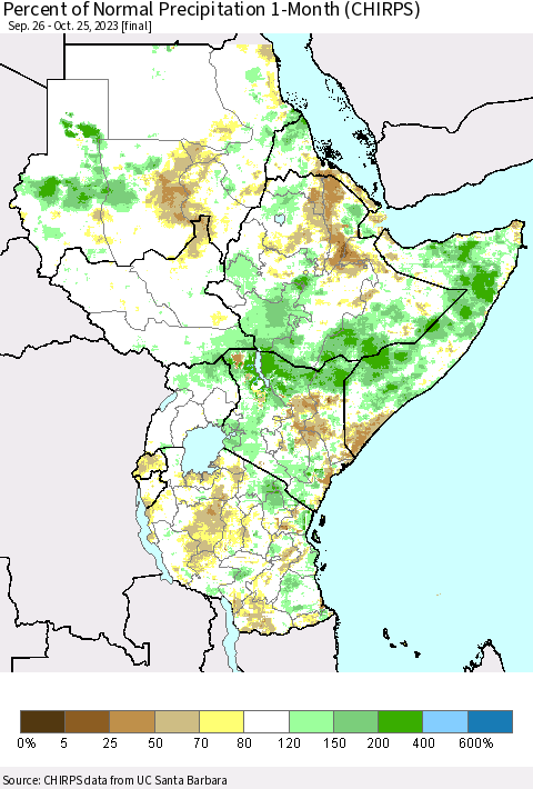 Eastern Africa Percent of Normal Precipitation 1-Month (CHIRPS) Thematic Map For 9/26/2023 - 10/25/2023