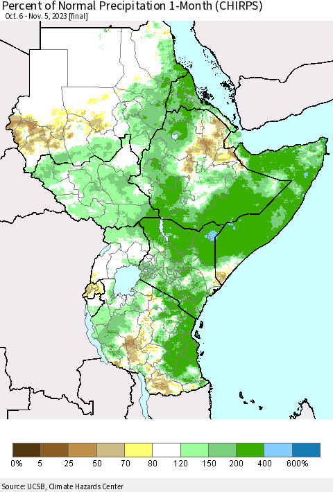 Eastern Africa Percent of Normal Precipitation 1-Month (CHIRPS) Thematic Map For 10/6/2023 - 11/5/2023