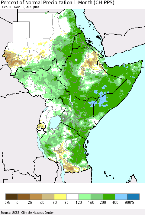 Eastern Africa Percent of Normal Precipitation 1-Month (CHIRPS) Thematic Map For 10/11/2023 - 11/10/2023