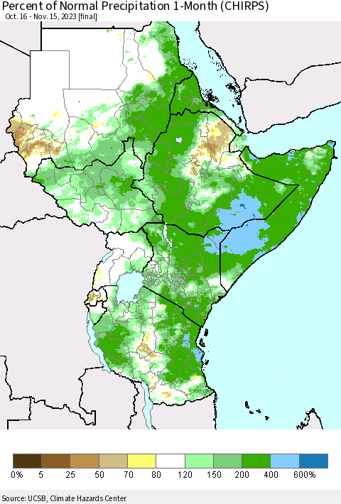 Eastern Africa Percent of Normal Precipitation 1-Month (CHIRPS) Thematic Map For 10/16/2023 - 11/15/2023