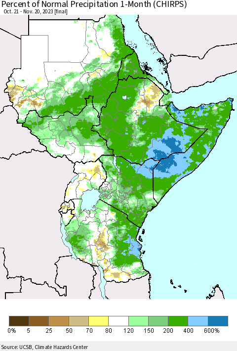 Eastern Africa Percent of Normal Precipitation 1-Month (CHIRPS) Thematic Map For 10/21/2023 - 11/20/2023
