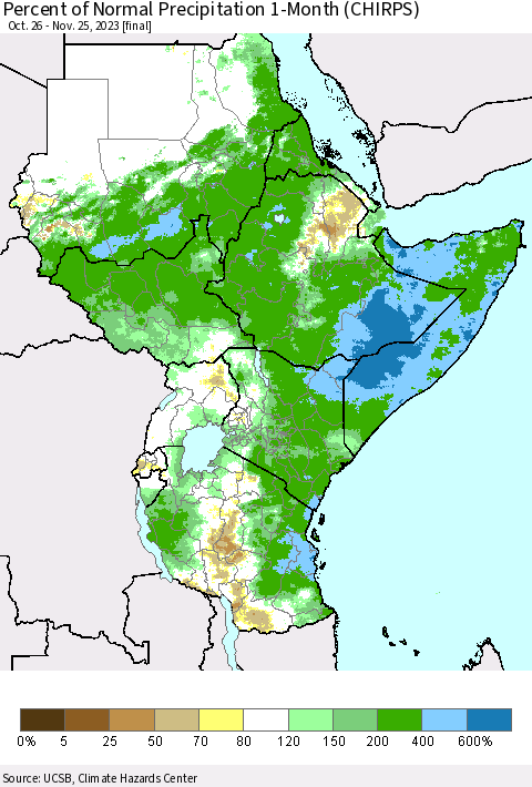 Eastern Africa Percent of Normal Precipitation 1-Month (CHIRPS) Thematic Map For 10/26/2023 - 11/25/2023