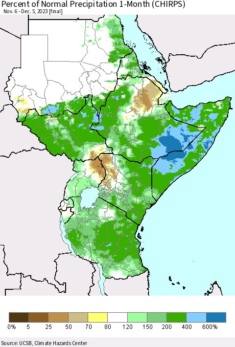 Eastern Africa Percent of Normal Precipitation 1-Month (CHIRPS) Thematic Map For 11/6/2023 - 12/5/2023