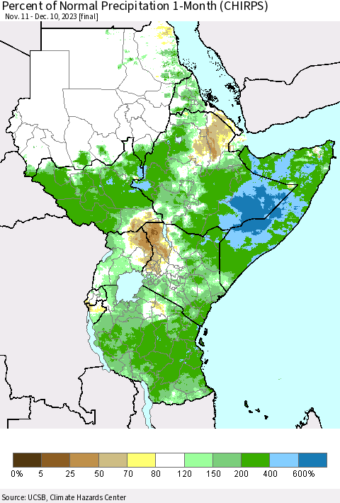 Eastern Africa Percent of Normal Precipitation 1-Month (CHIRPS) Thematic Map For 11/11/2023 - 12/10/2023