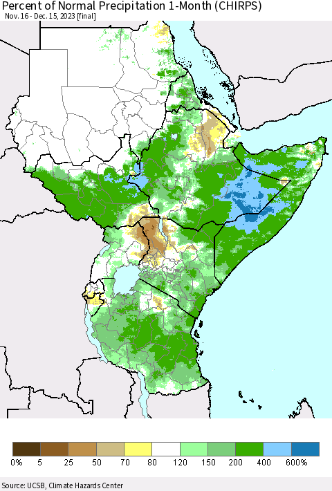 Eastern Africa Percent of Normal Precipitation 1-Month (CHIRPS) Thematic Map For 11/16/2023 - 12/15/2023