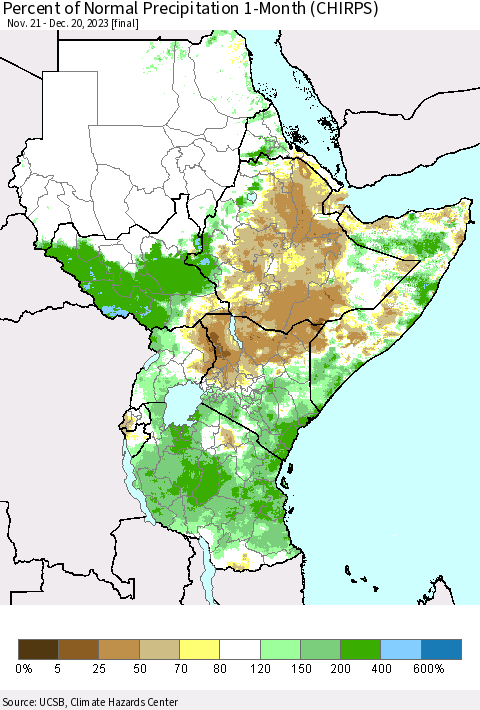 Eastern Africa Percent of Normal Precipitation 1-Month (CHIRPS) Thematic Map For 11/21/2023 - 12/20/2023