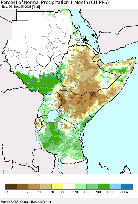 Eastern Africa Percent of Normal Precipitation 1-Month (CHIRPS) Thematic Map For 11/26/2023 - 12/25/2023