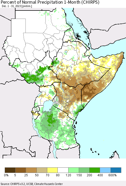 Eastern Africa Percent of Normal Precipitation 1-Month (CHIRPS) Thematic Map For 12/1/2023 - 12/31/2023