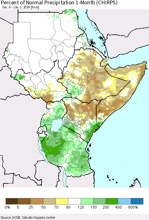 Eastern Africa Percent of Normal Precipitation 1-Month (CHIRPS) Thematic Map For 12/6/2023 - 1/5/2024