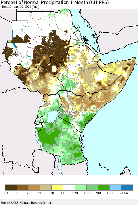 Eastern Africa Percent of Normal Precipitation 1-Month (CHIRPS) Thematic Map For 12/11/2023 - 1/10/2024
