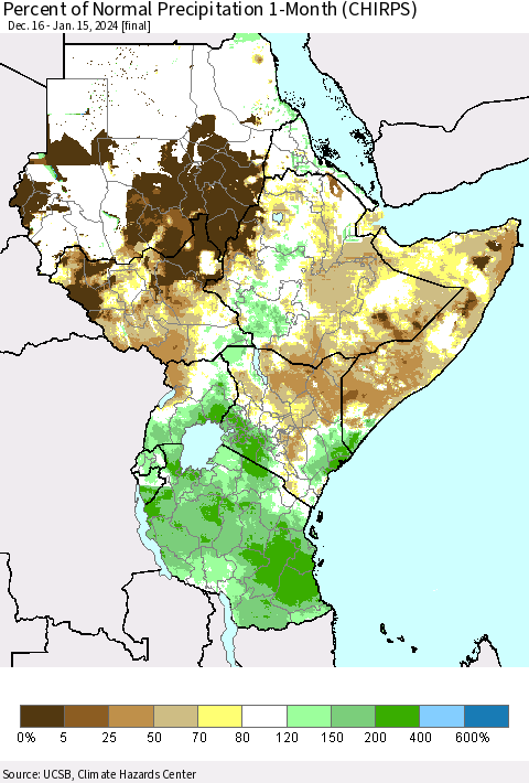 Eastern Africa Percent of Normal Precipitation 1-Month (CHIRPS) Thematic Map For 12/16/2023 - 1/15/2024