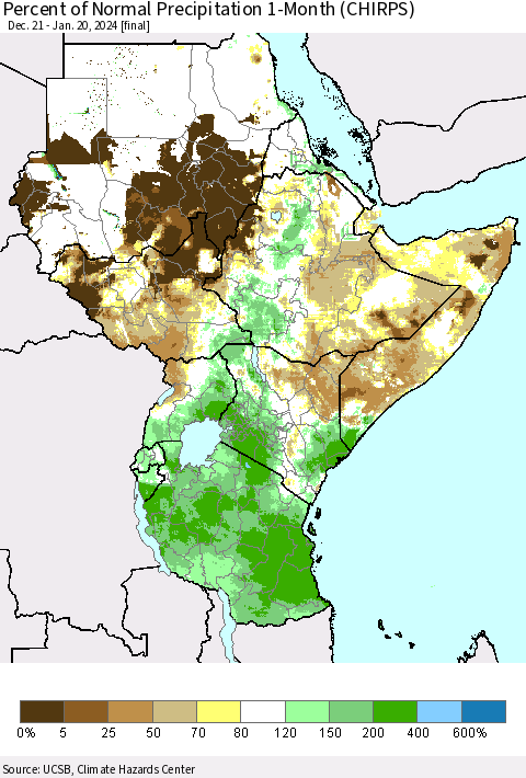 Eastern Africa Percent of Normal Precipitation 1-Month (CHIRPS) Thematic Map For 12/21/2023 - 1/20/2024