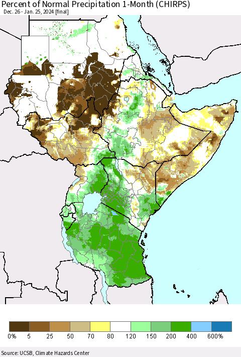 Eastern Africa Percent of Normal Precipitation 1-Month (CHIRPS) Thematic Map For 12/26/2023 - 1/25/2024
