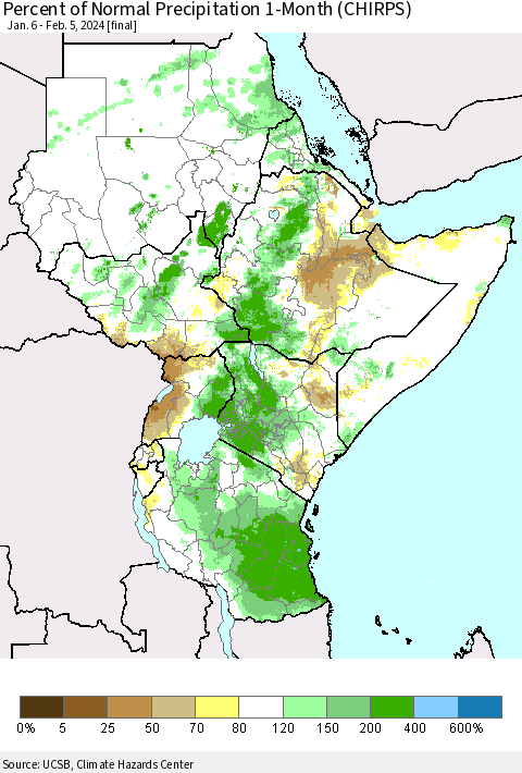 Eastern Africa Percent of Normal Precipitation 1-Month (CHIRPS) Thematic Map For 1/6/2024 - 2/5/2024
