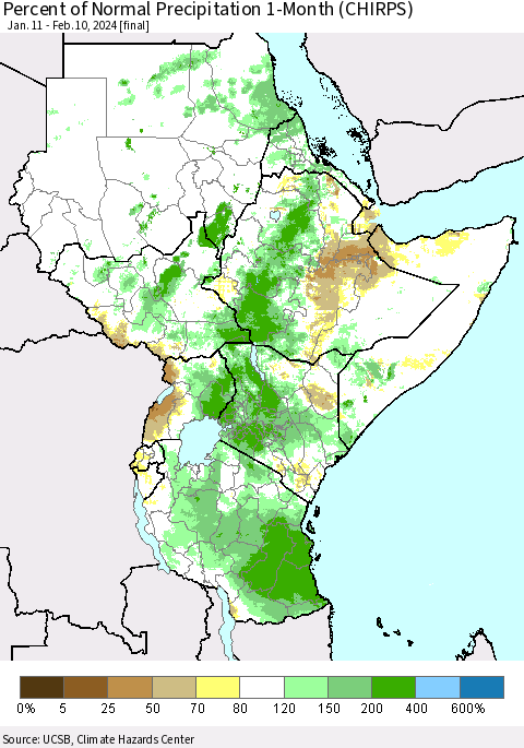 Eastern Africa Percent of Normal Precipitation 1-Month (CHIRPS) Thematic Map For 1/11/2024 - 2/10/2024