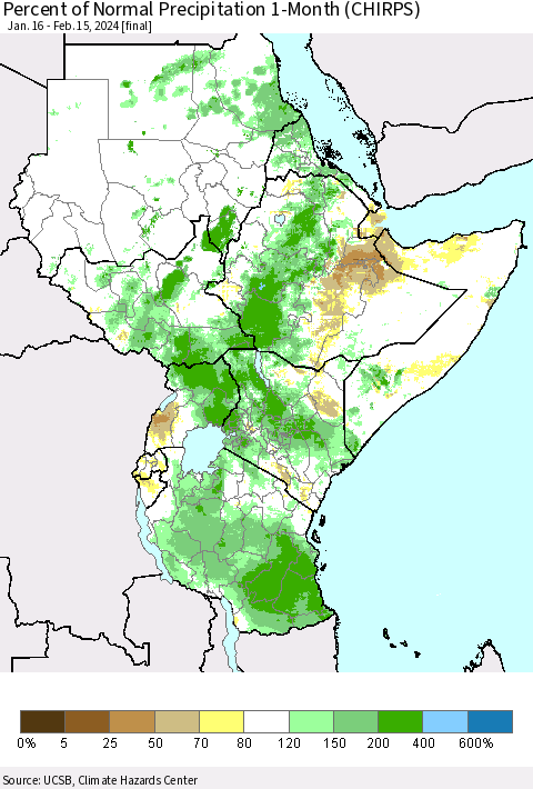 Eastern Africa Percent of Normal Precipitation 1-Month (CHIRPS) Thematic Map For 1/16/2024 - 2/15/2024