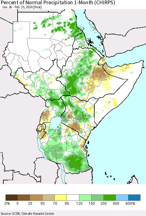 Eastern Africa Percent of Normal Precipitation 1-Month (CHIRPS) Thematic Map For 1/26/2024 - 2/25/2024