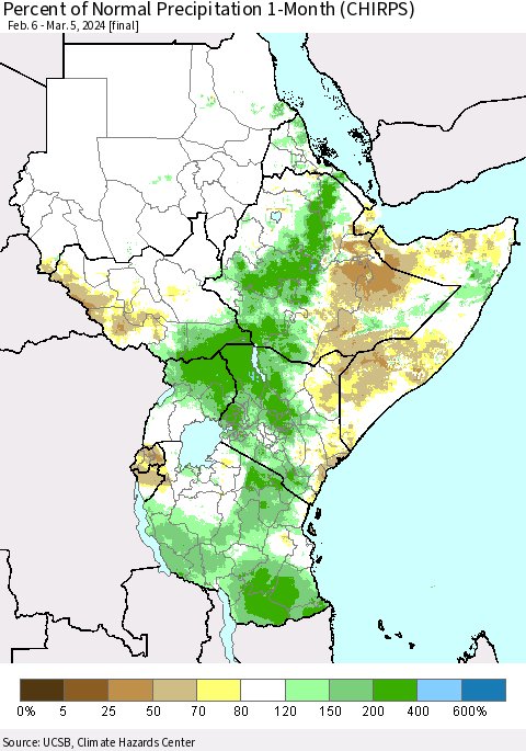 Eastern Africa Percent of Normal Precipitation 1-Month (CHIRPS) Thematic Map For 2/6/2024 - 3/5/2024