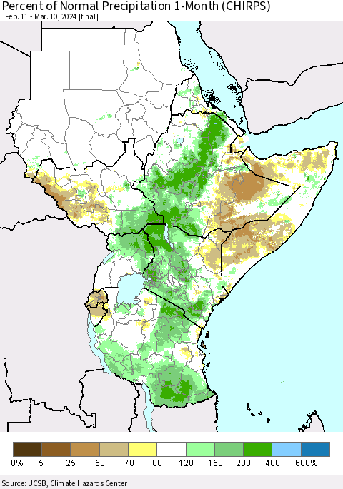 Eastern Africa Percent of Normal Precipitation 1-Month (CHIRPS) Thematic Map For 2/11/2024 - 3/10/2024
