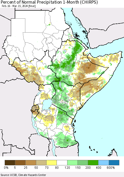 Eastern Africa Percent of Normal Precipitation 1-Month (CHIRPS) Thematic Map For 2/16/2024 - 3/15/2024