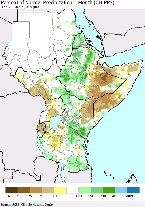 Eastern Africa Percent of Normal Precipitation 1-Month (CHIRPS) Thematic Map For 2/21/2024 - 3/20/2024