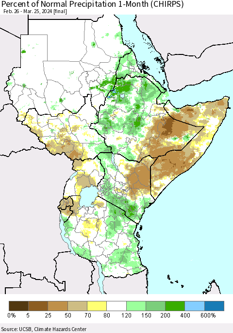 Eastern Africa Percent of Normal Precipitation 1-Month (CHIRPS) Thematic Map For 2/26/2024 - 3/25/2024