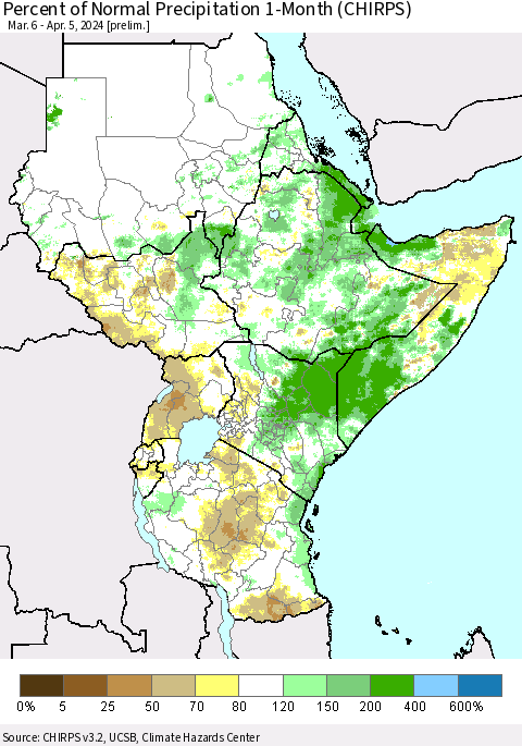 Eastern Africa Percent of Normal Precipitation 1-Month (CHIRPS) Thematic Map For 3/6/2024 - 4/5/2024