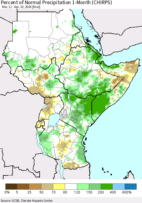 Eastern Africa Percent of Normal Precipitation 1-Month (CHIRPS) Thematic Map For 3/11/2024 - 4/10/2024