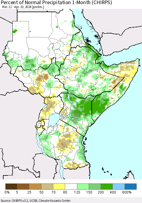 Eastern Africa Percent of Normal Precipitation 1-Month (CHIRPS) Thematic Map For 3/11/2024 - 4/10/2024