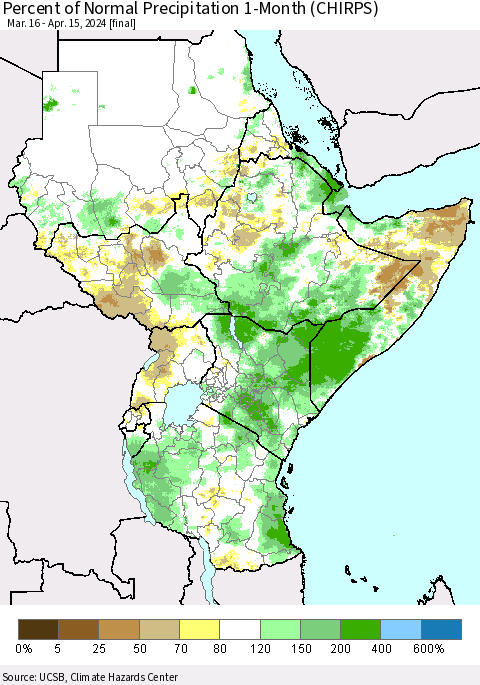 Eastern Africa Percent of Normal Precipitation 1-Month (CHIRPS) Thematic Map For 3/16/2024 - 4/15/2024